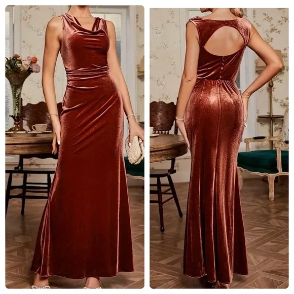 Brownish Red Velvet Cowl Neck Maxi Dress - Picture 1 of 7